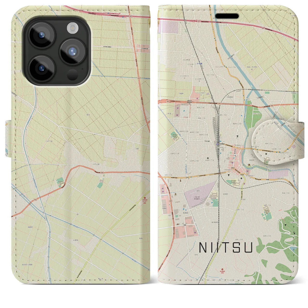 【新津(新潟県)】地図柄iPhoneケース(手帳タイプ)ナチュラル・iPhone 15 Pro Max 用
