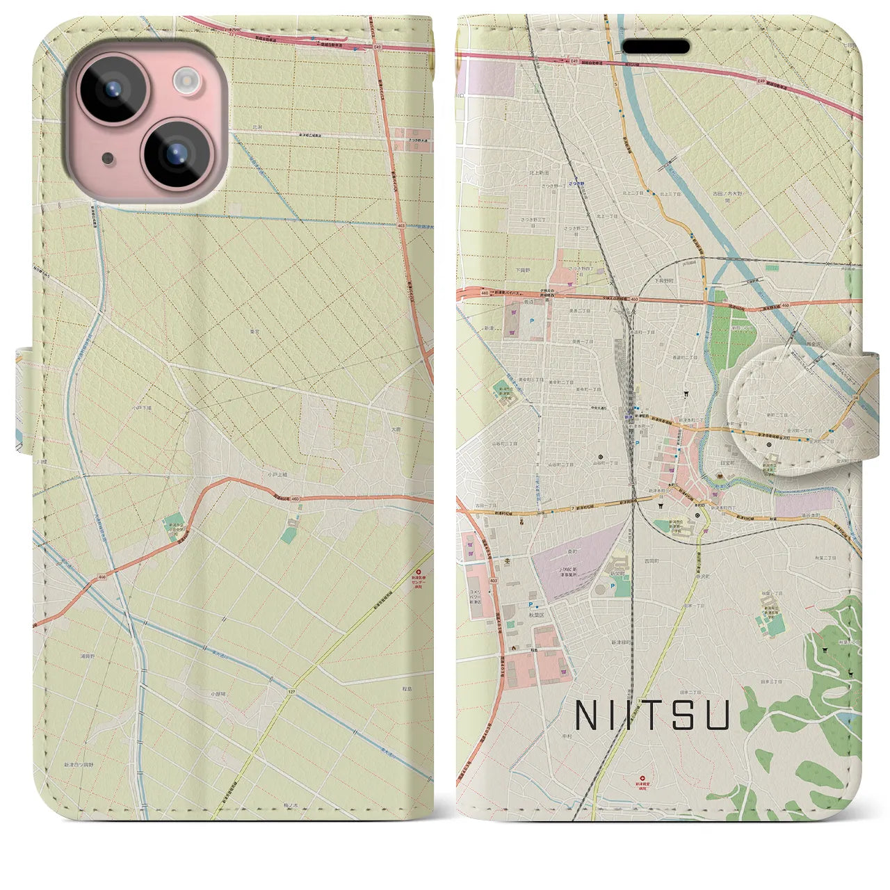 【新津(新潟県)】地図柄iPhoneケース(手帳タイプ)ナチュラル・iPhone 15 Plus 用