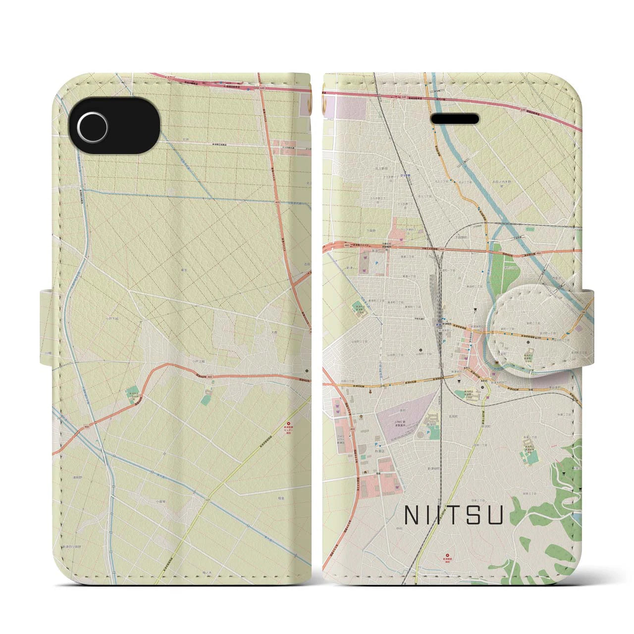 【新津(新潟県)】地図柄iPhoneケース(手帳タイプ)ナチュラル・iPhone SE(第3 / 第2世代) / 8 / 7 / 6s / 6 用