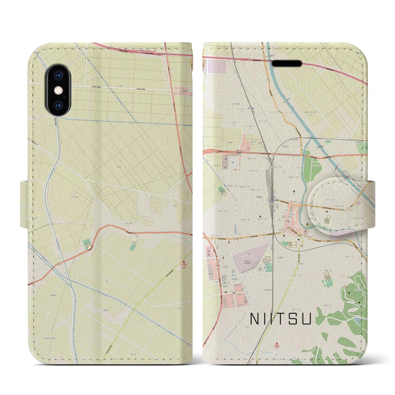 【新津(新潟県)】地図柄iPhoneケース(手帳タイプ)ナチュラル・iPhone XS / X 用