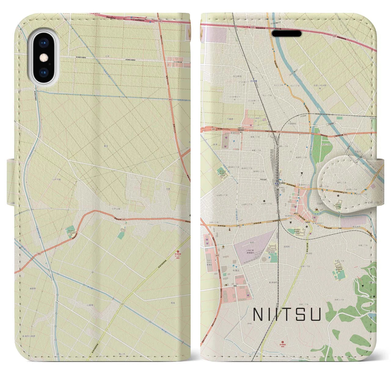 【新津(新潟県)】地図柄iPhoneケース(手帳タイプ)ナチュラル・iPhone XS Max 用