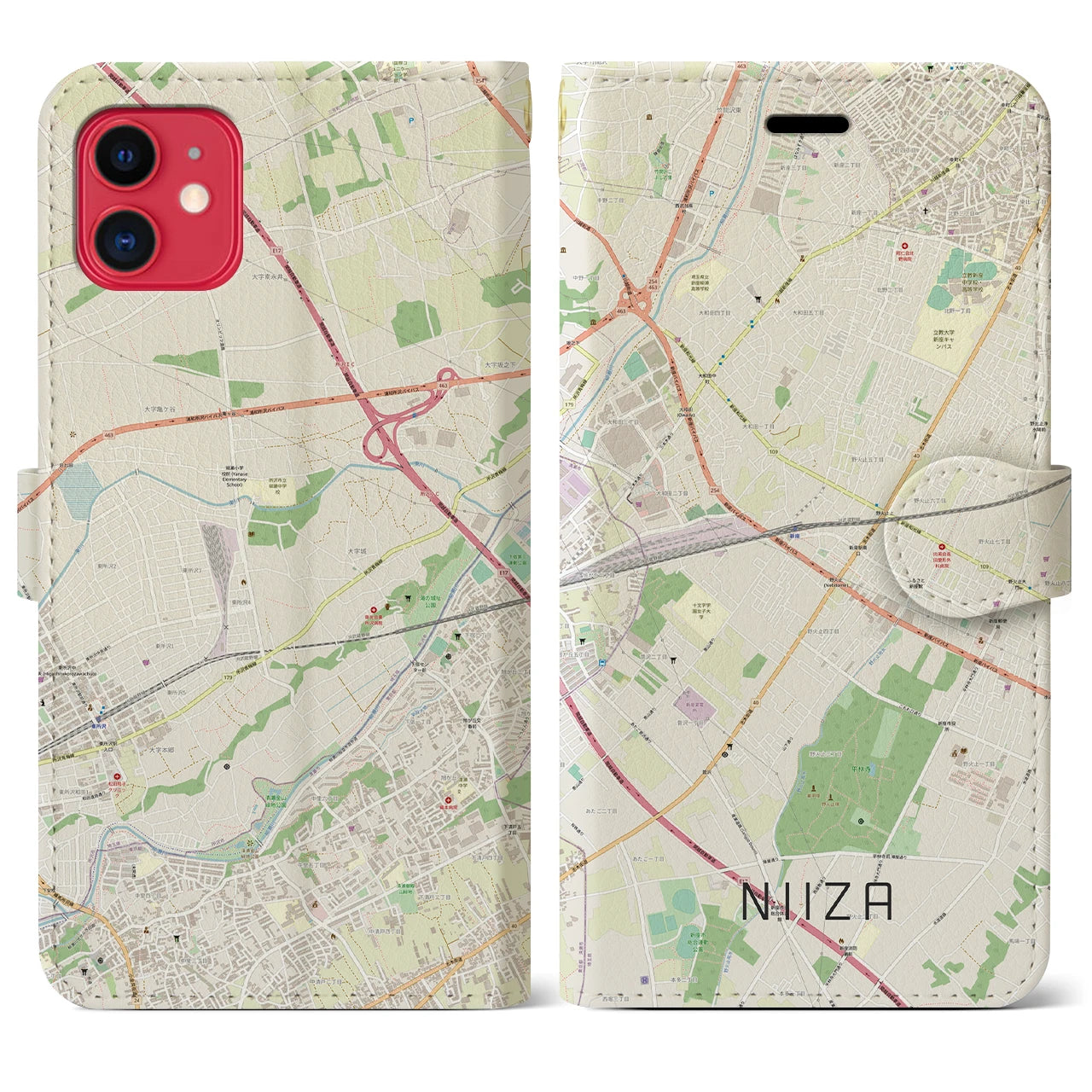 【新座(埼玉県)】地図柄iPhoneケース(手帳タイプ)ナチュラル・iPhone 11 用