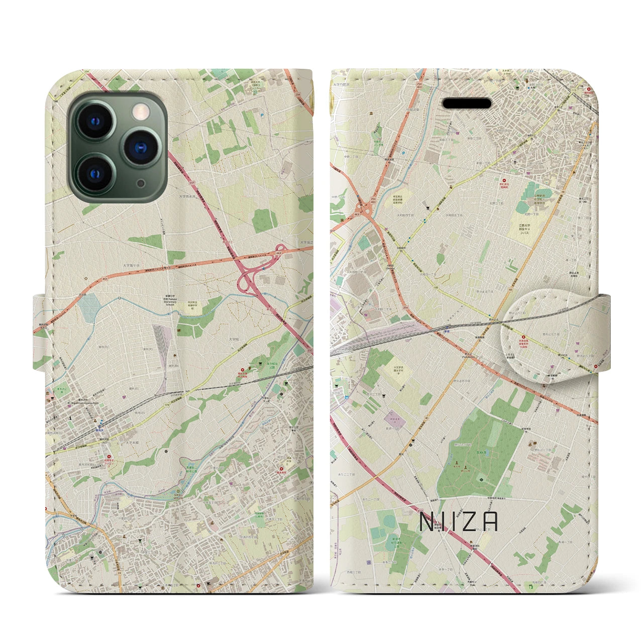 【新座(埼玉県)】地図柄iPhoneケース(手帳タイプ)ナチュラル・iPhone 11 Pro 用