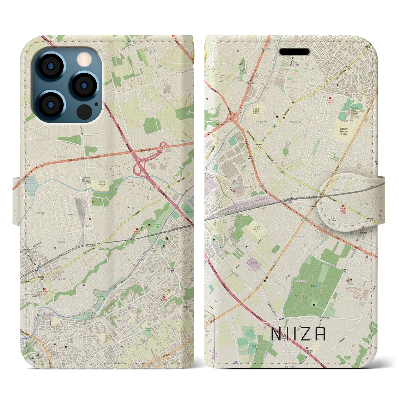 【新座(埼玉県)】地図柄iPhoneケース(手帳タイプ)ナチュラル・iPhone 12 / 12 Pro 用
