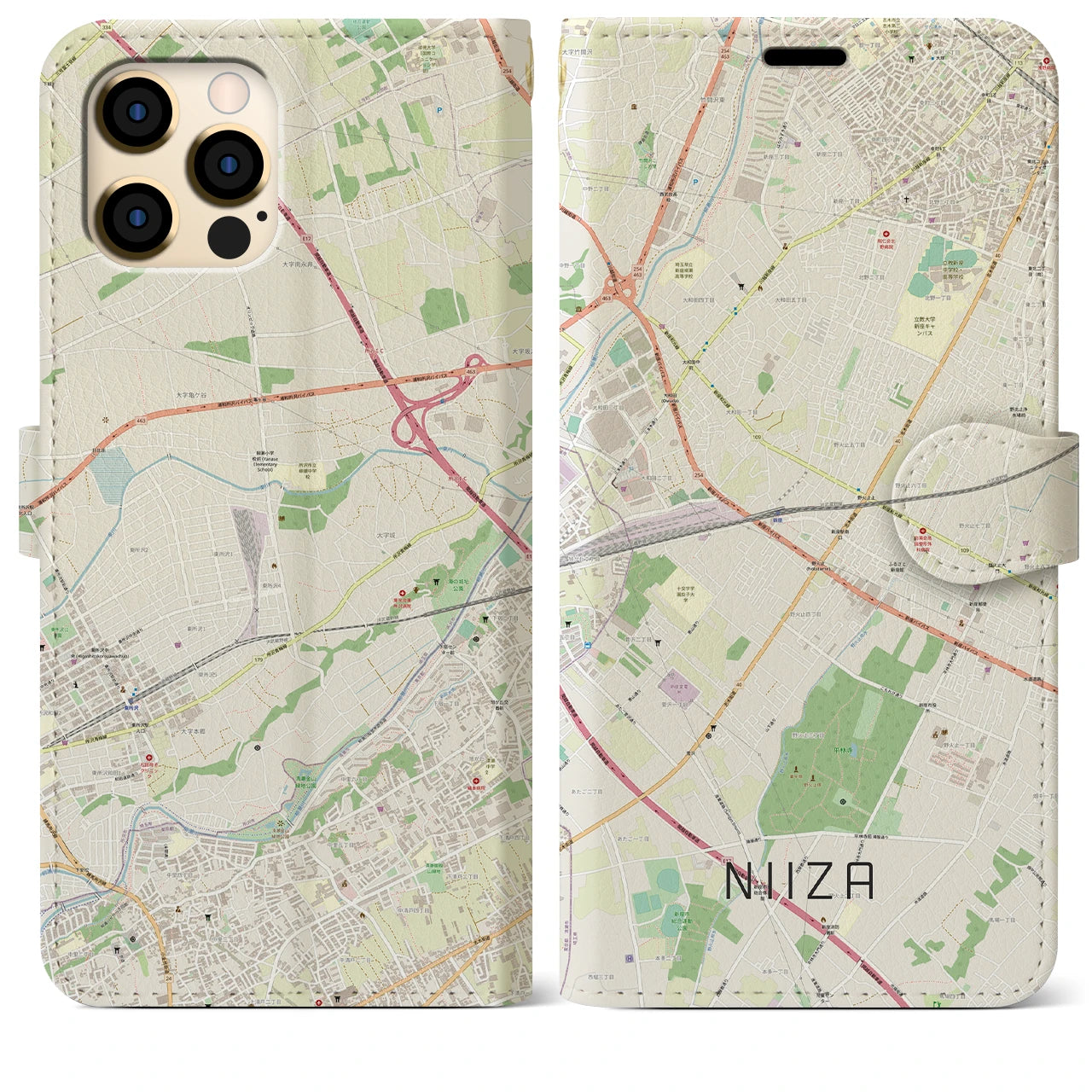 【新座(埼玉県)】地図柄iPhoneケース(手帳タイプ)ナチュラル・iPhone 12 Pro Max 用