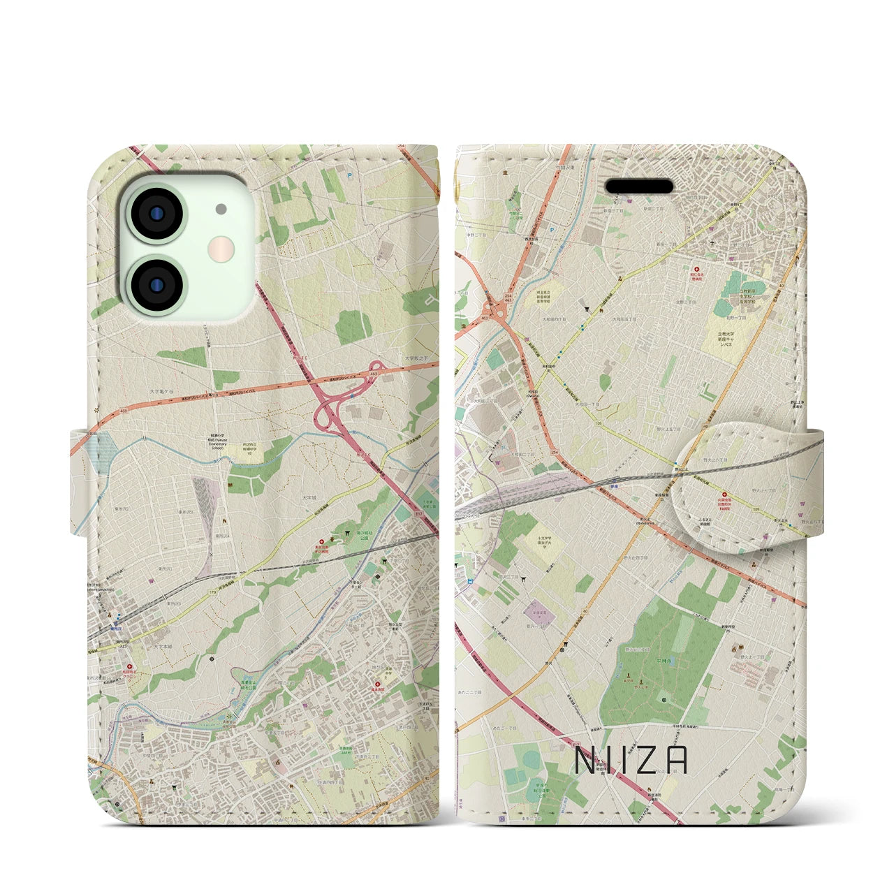 【新座(埼玉県)】地図柄iPhoneケース(手帳タイプ)ナチュラル・iPhone 12 mini 用