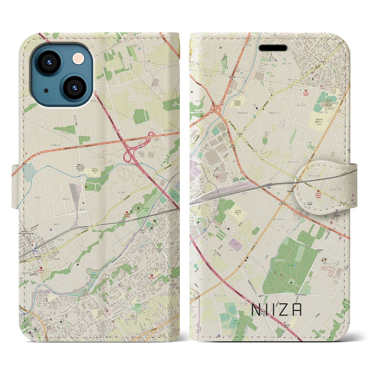 【新座(埼玉県)】地図柄iPhoneケース(手帳タイプ)ナチュラル・iPhone 13 用