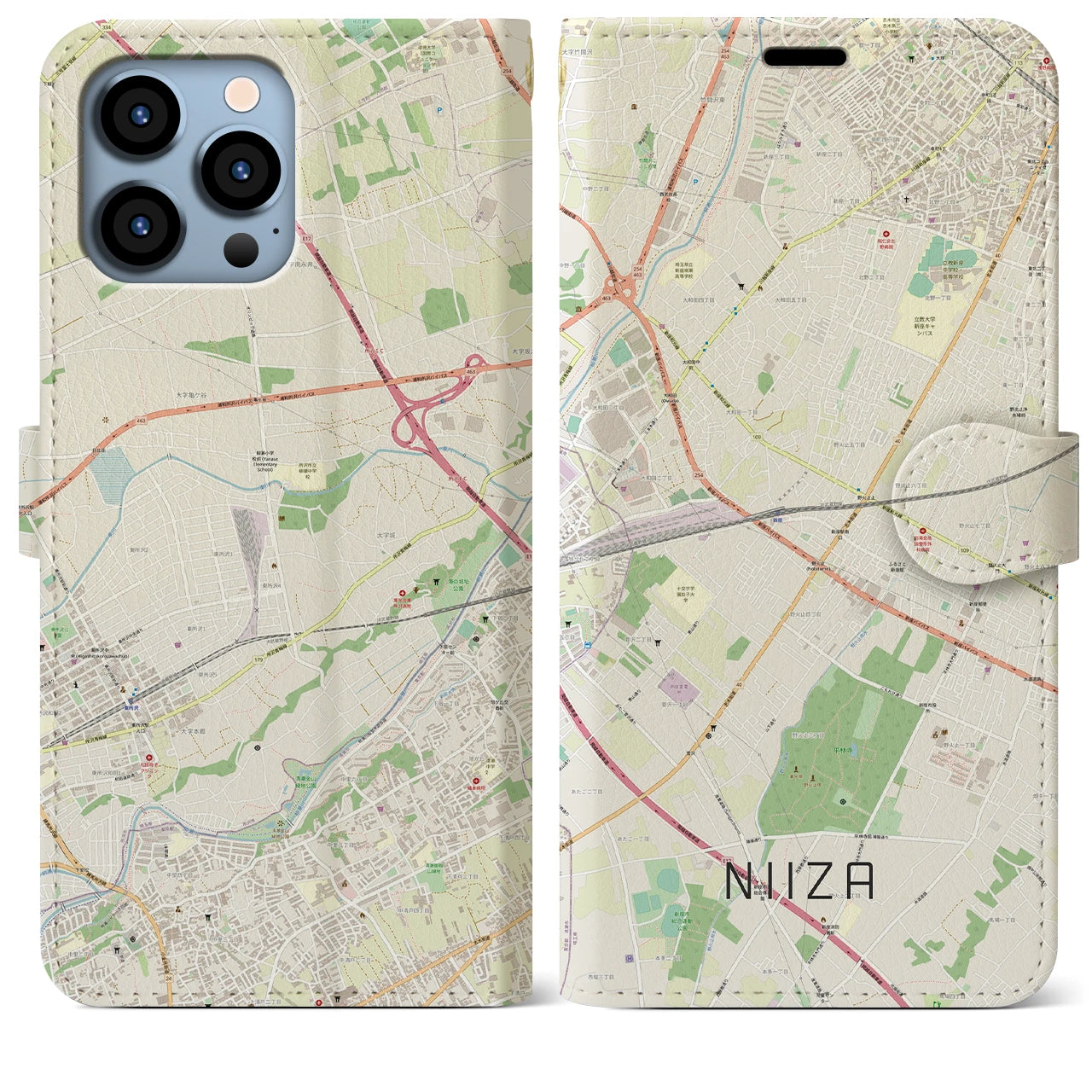 【新座(埼玉県)】地図柄iPhoneケース(手帳タイプ)ナチュラル・iPhone 13 Pro Max 用