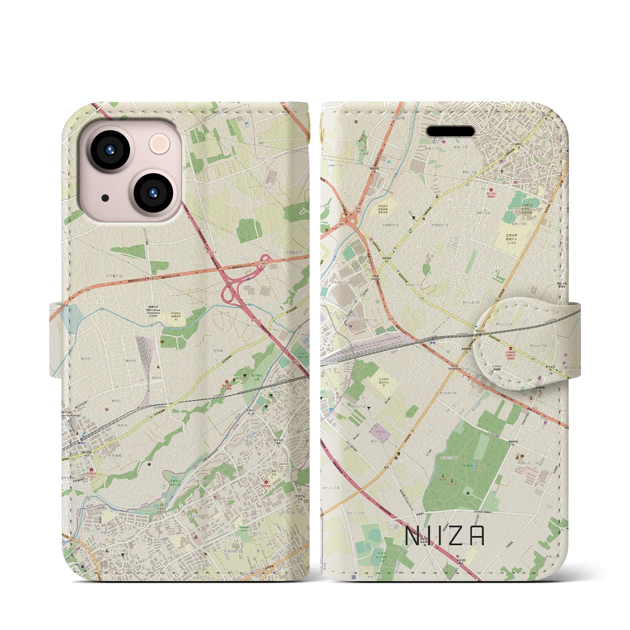 【新座(埼玉県)】地図柄iPhoneケース(手帳タイプ)ナチュラル・iPhone 13 mini 用