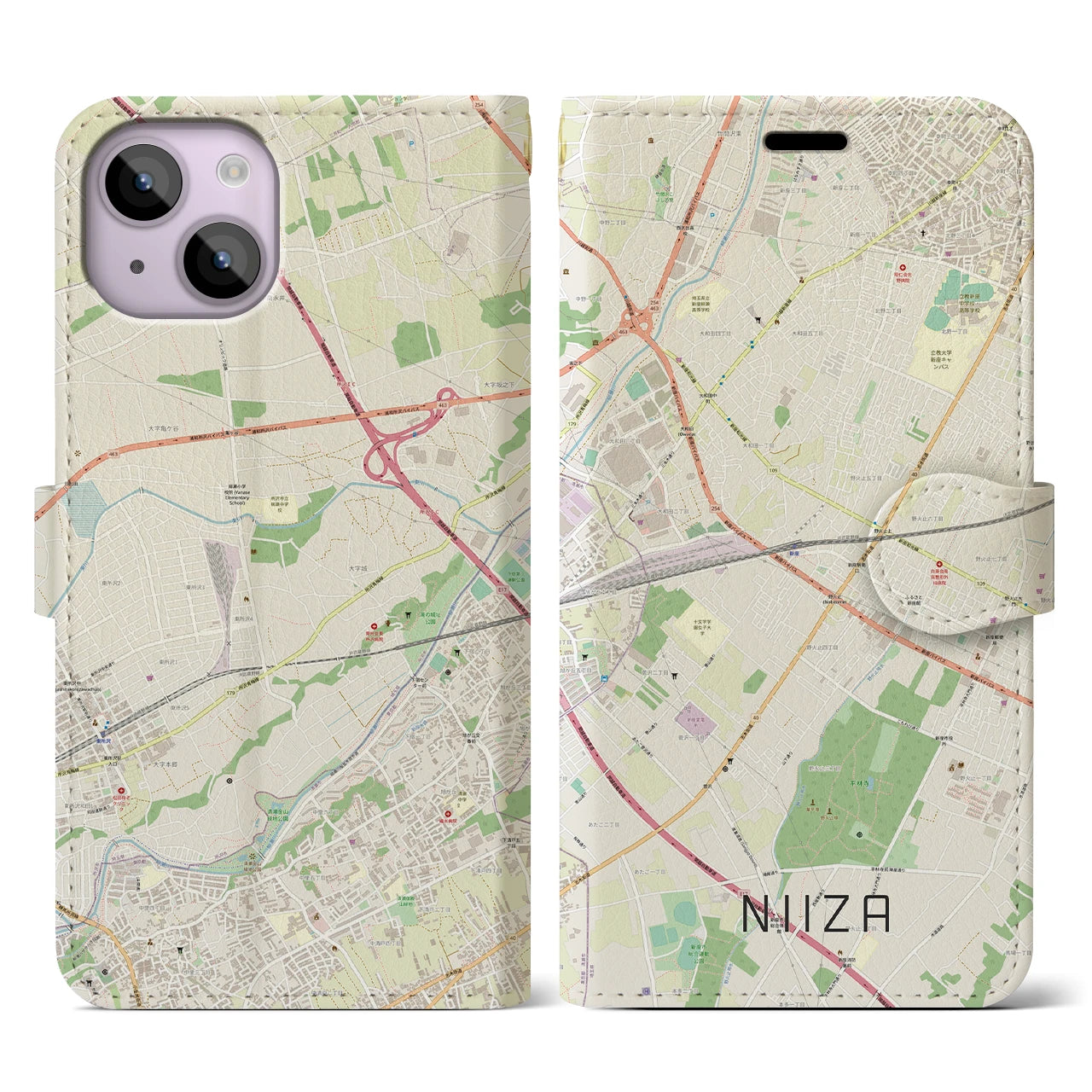 【新座(埼玉県)】地図柄iPhoneケース(手帳タイプ)ナチュラル・iPhone 14 用