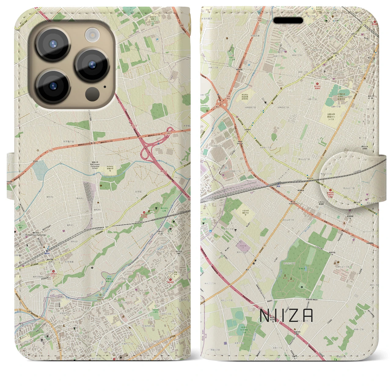 【新座(埼玉県)】地図柄iPhoneケース(手帳タイプ)ナチュラル・iPhone 14 Pro Max 用