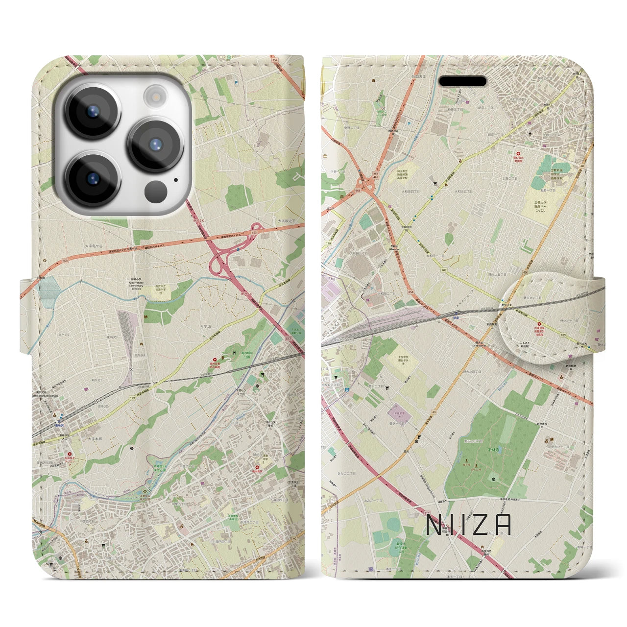 【新座(埼玉県)】地図柄iPhoneケース(手帳タイプ)ナチュラル・iPhone 14 Pro 用