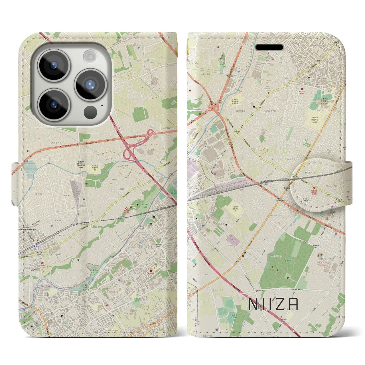 【新座(埼玉県)】地図柄iPhoneケース(手帳タイプ)ナチュラル・iPhone 15 Pro 用