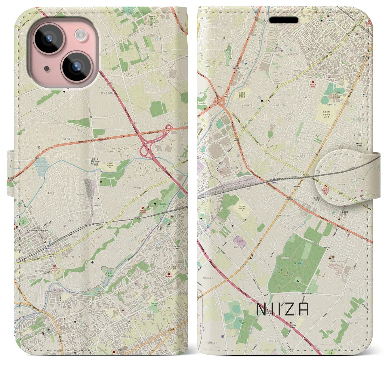 【新座(埼玉県)】地図柄iPhoneケース(手帳タイプ)ナチュラル・iPhone 15 Plus 用