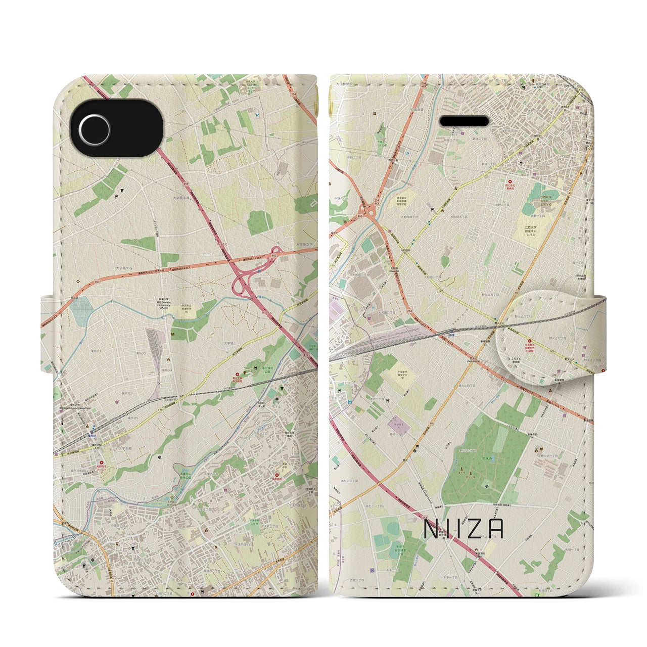 【新座(埼玉県)】地図柄iPhoneケース(手帳タイプ)ナチュラル・iPhone SE(第3 / 第2世代) / 8 / 7 / 6s / 6 用