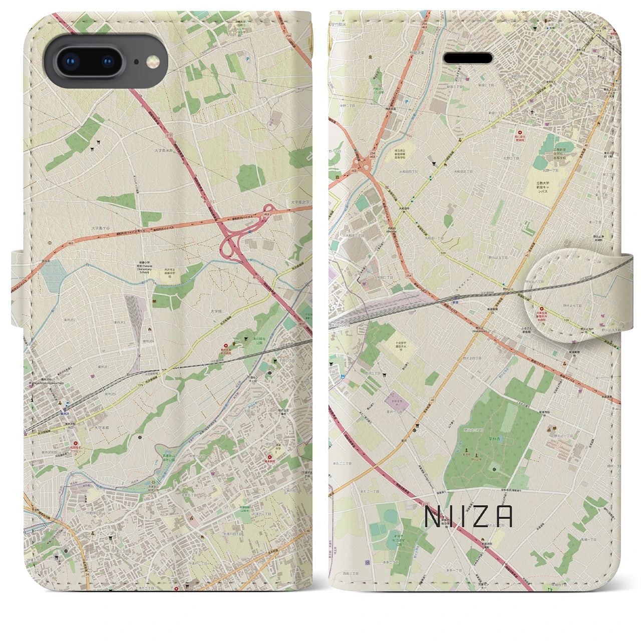 【新座(埼玉県)】地図柄iPhoneケース(手帳タイプ)ナチュラル・iPhone 8Plus /7Plus / 6sPlus / 6Plus 用
