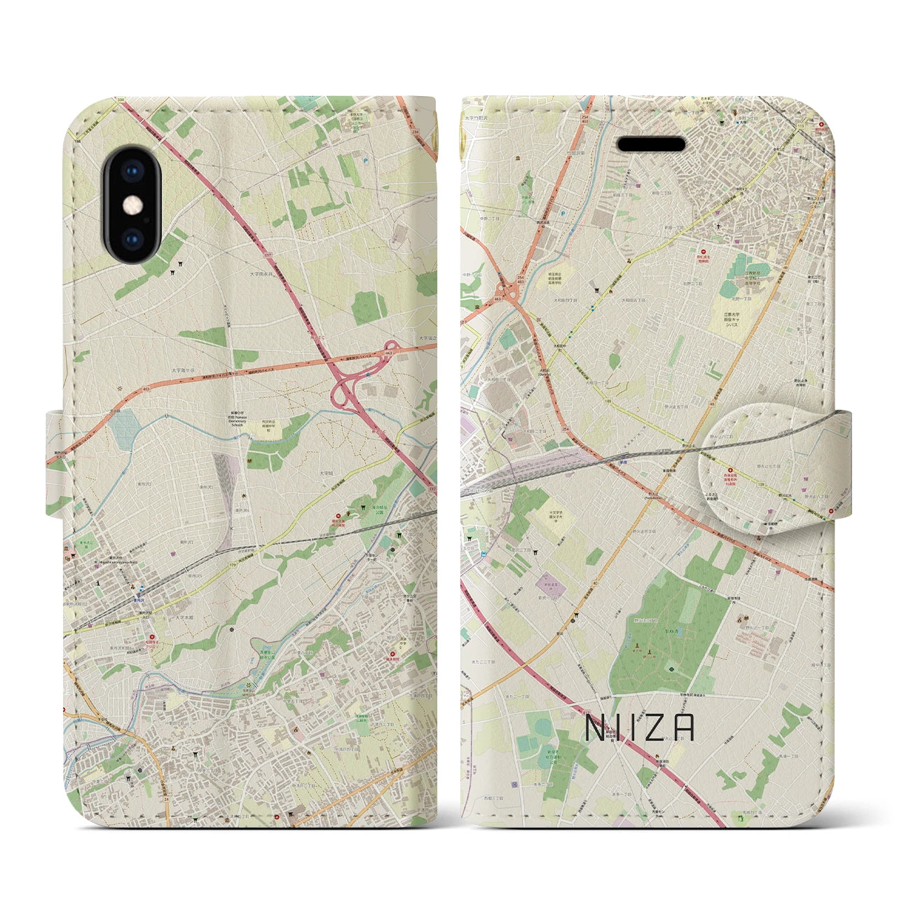 【新座(埼玉県)】地図柄iPhoneケース(手帳タイプ)ナチュラル・iPhone XS / X 用