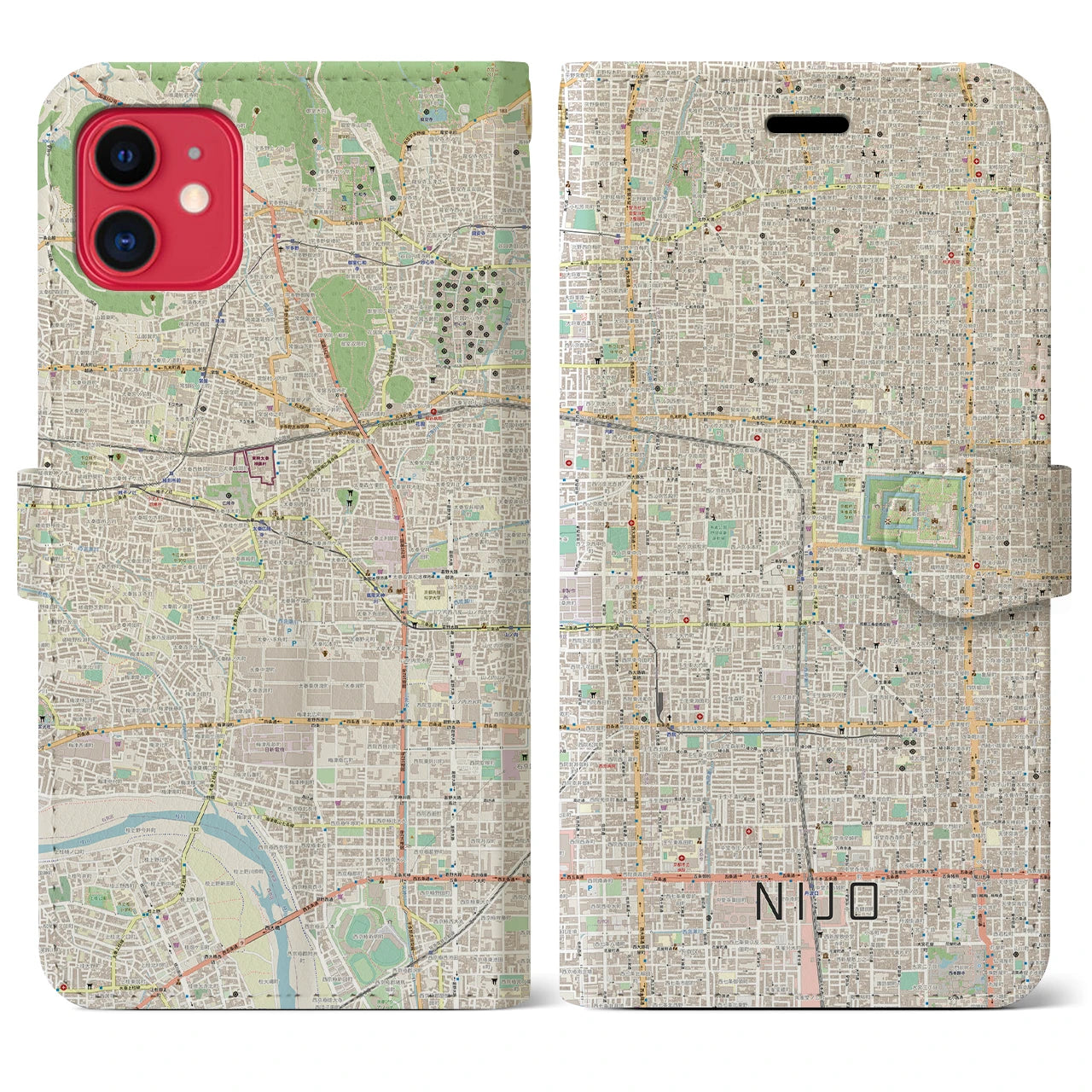 【二条(京都府)】地図柄iPhoneケース(手帳タイプ)ナチュラル・iPhone 11 用