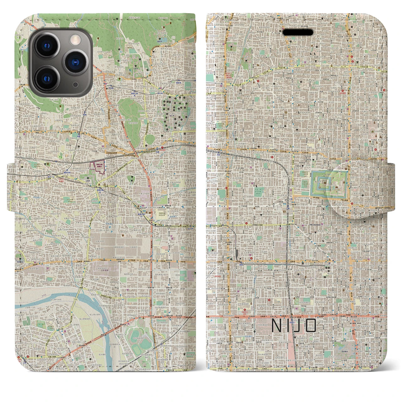 【二条(京都府)】地図柄iPhoneケース(手帳タイプ)ナチュラル・iPhone 11 Pro Max 用