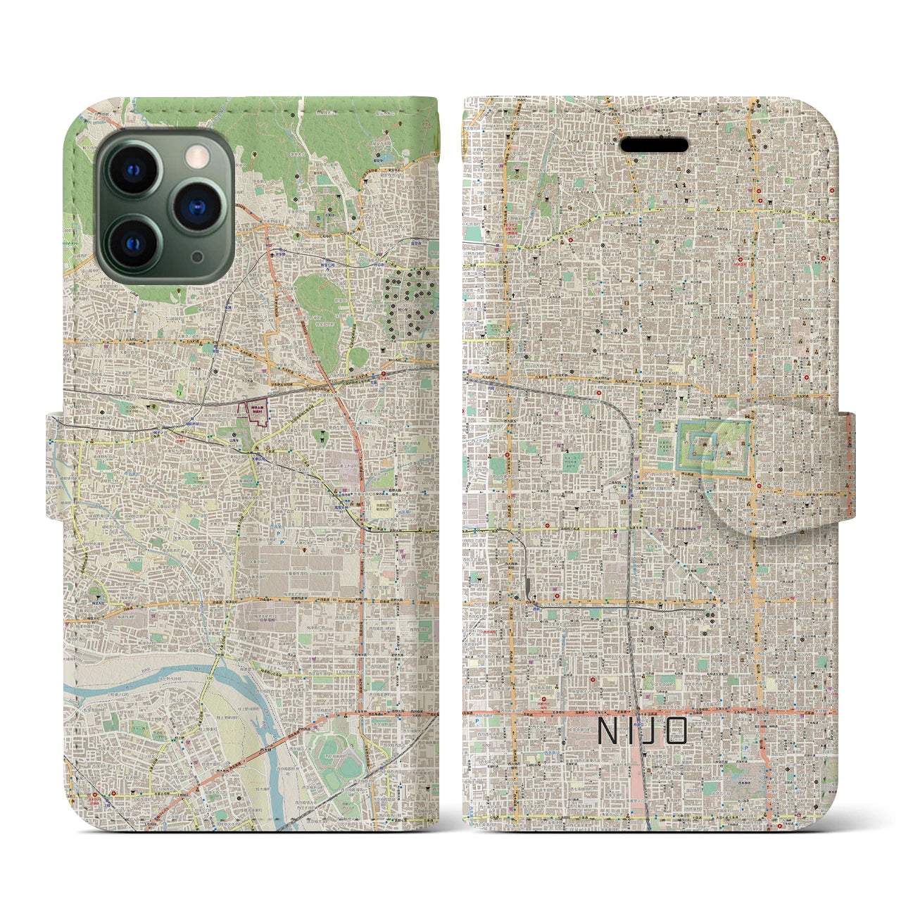 【二条(京都府)】地図柄iPhoneケース(手帳タイプ)ナチュラル・iPhone 11 Pro 用