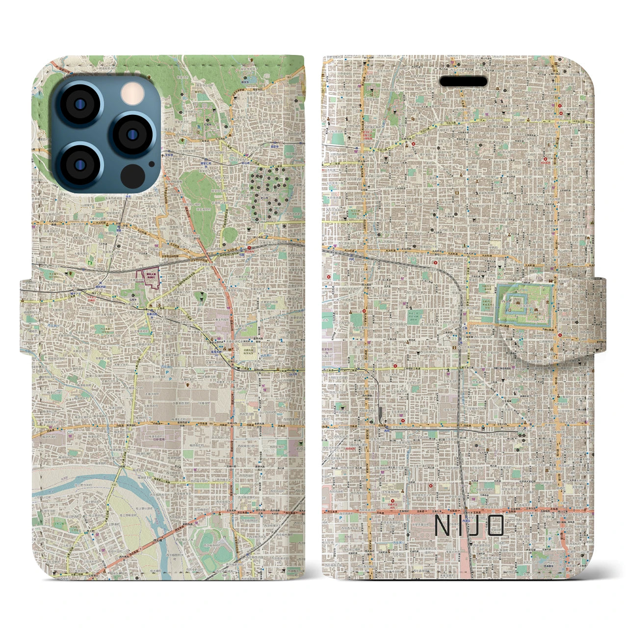 【二条(京都府)】地図柄iPhoneケース(手帳タイプ)ナチュラル・iPhone 12 / 12 Pro 用
