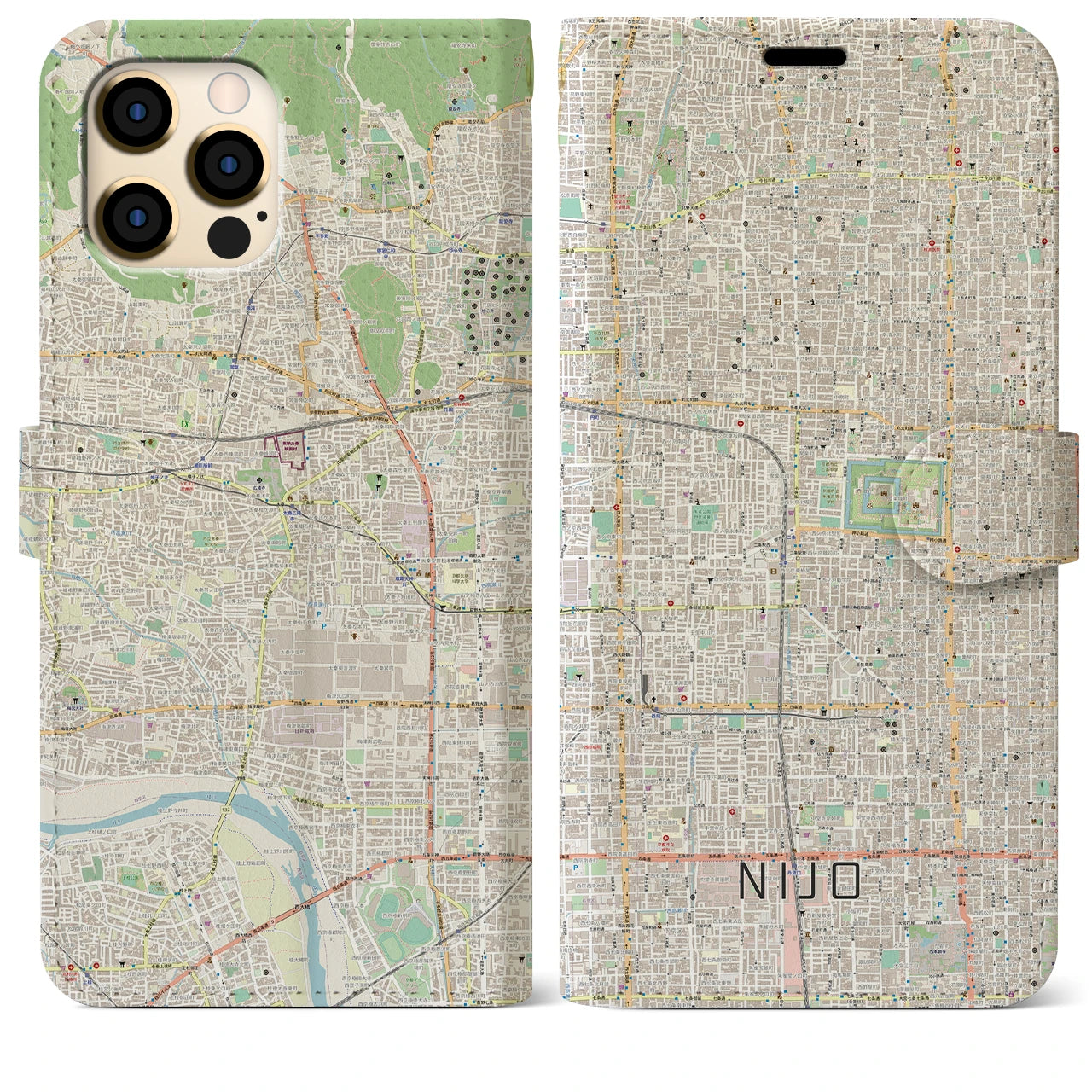【二条(京都府)】地図柄iPhoneケース(手帳タイプ)ナチュラル・iPhone 12 Pro Max 用