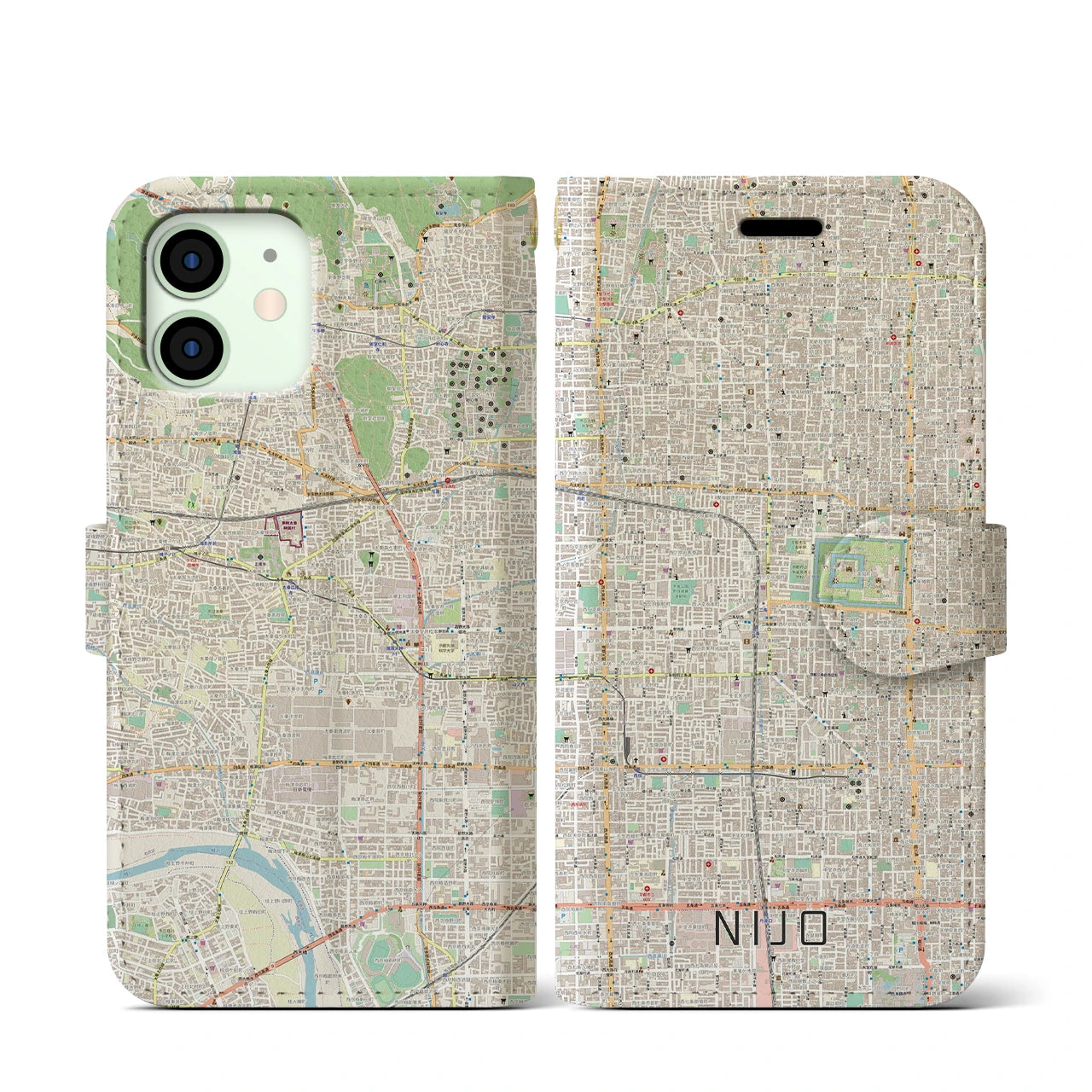 【二条(京都府)】地図柄iPhoneケース(手帳タイプ)ナチュラル・iPhone 12 mini 用