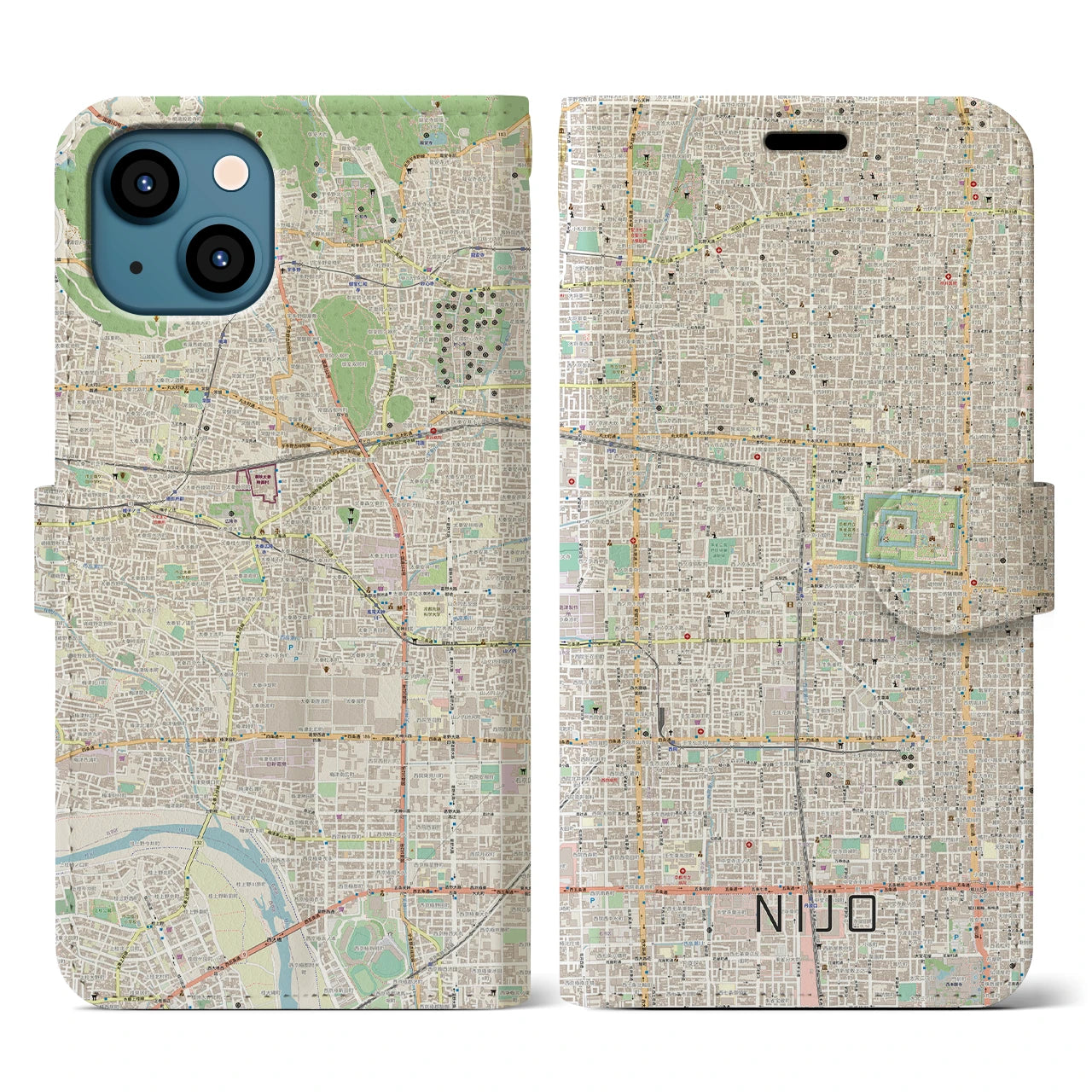 【二条(京都府)】地図柄iPhoneケース(手帳タイプ)ナチュラル・iPhone 13 用