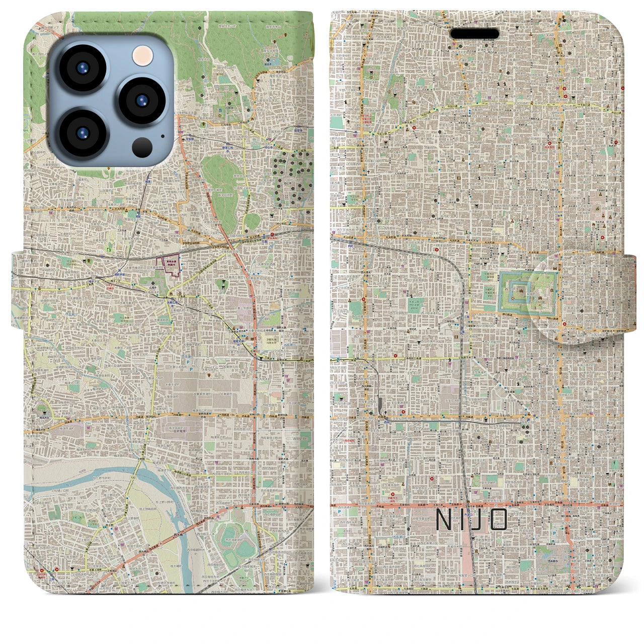 【二条(京都府)】地図柄iPhoneケース(手帳タイプ)ナチュラル・iPhone 13 Pro Max 用