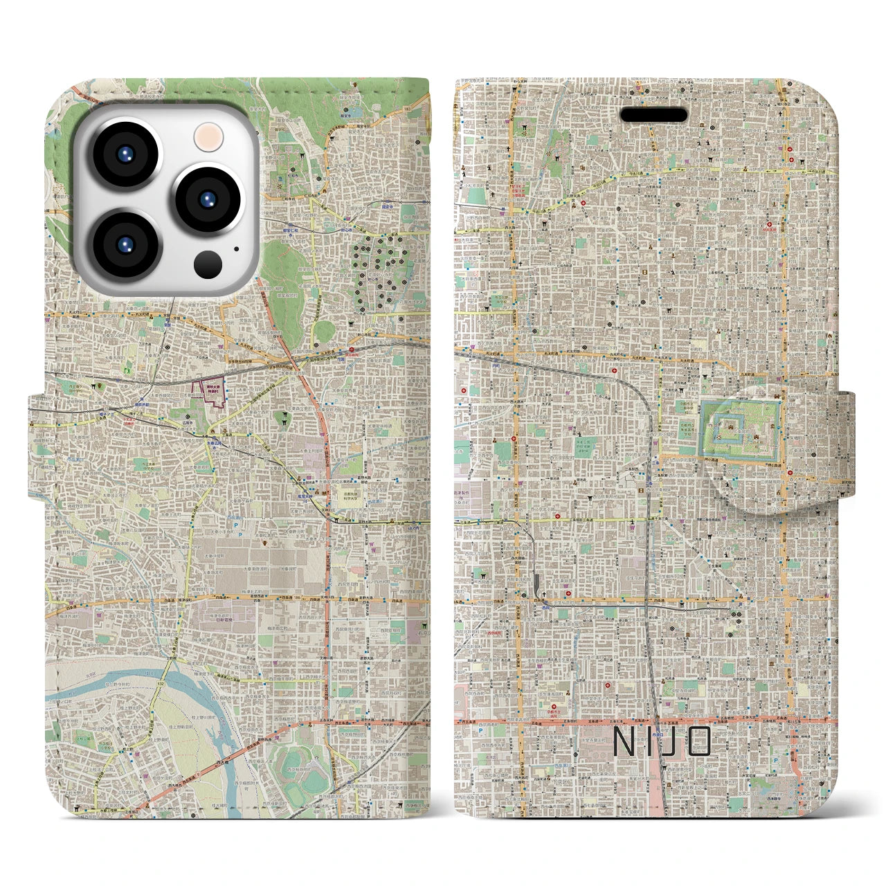 【二条(京都府)】地図柄iPhoneケース(手帳タイプ)ナチュラル・iPhone 13 Pro 用