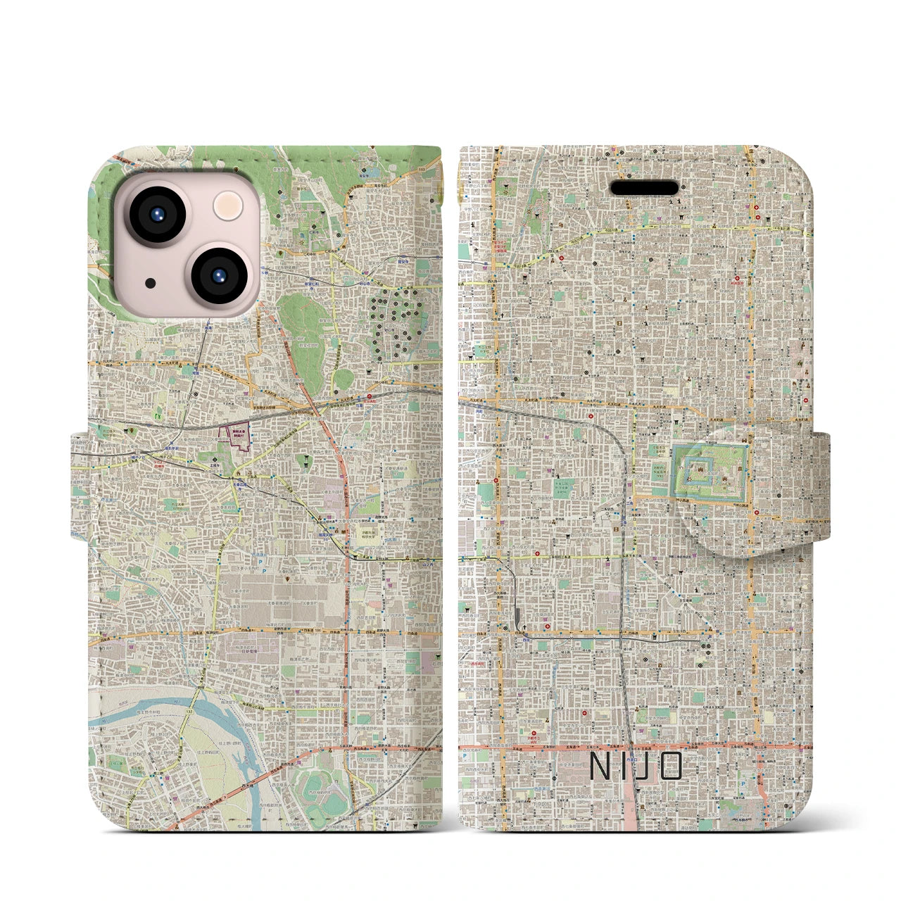 【二条(京都府)】地図柄iPhoneケース(手帳タイプ)ナチュラル・iPhone 13 mini 用