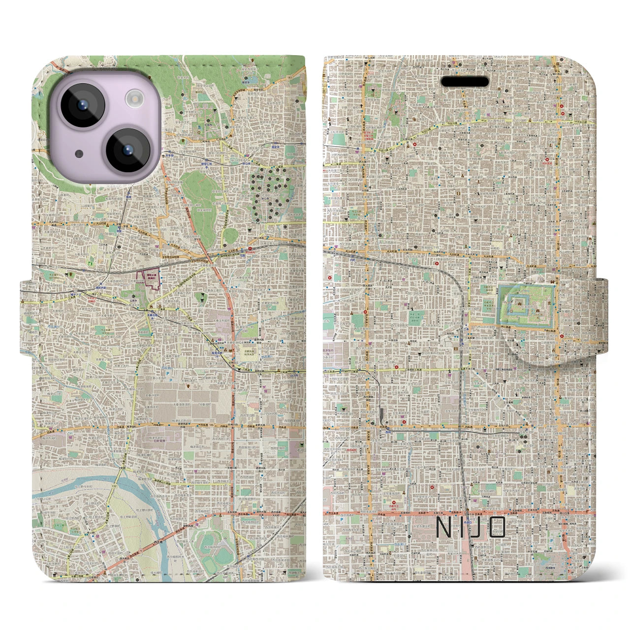 【二条(京都府)】地図柄iPhoneケース(手帳タイプ)ナチュラル・iPhone 14 用