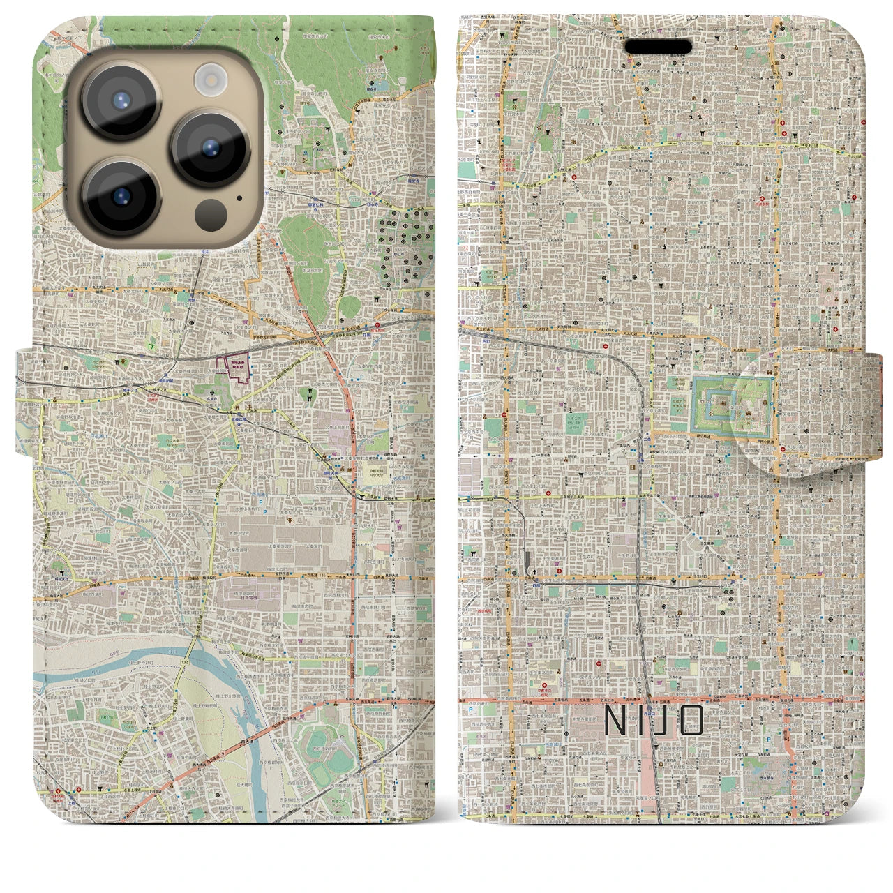 【二条(京都府)】地図柄iPhoneケース(手帳タイプ)ナチュラル・iPhone 14 Pro Max 用