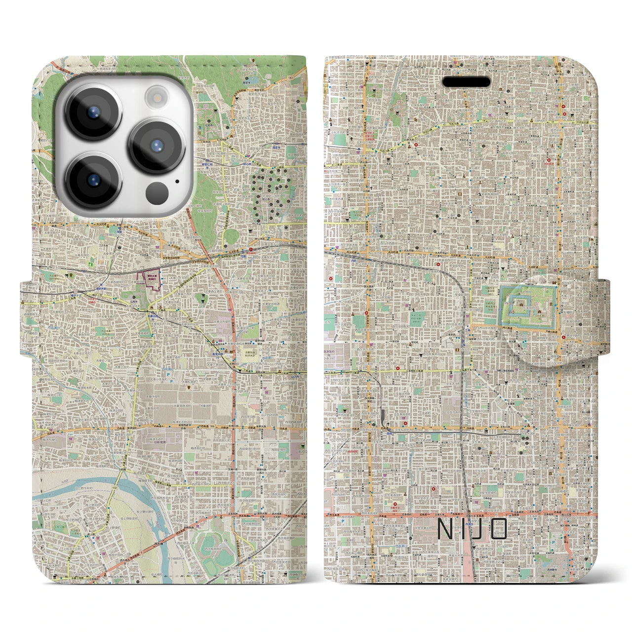 【二条(京都府)】地図柄iPhoneケース(手帳タイプ)ナチュラル・iPhone 14 Pro 用