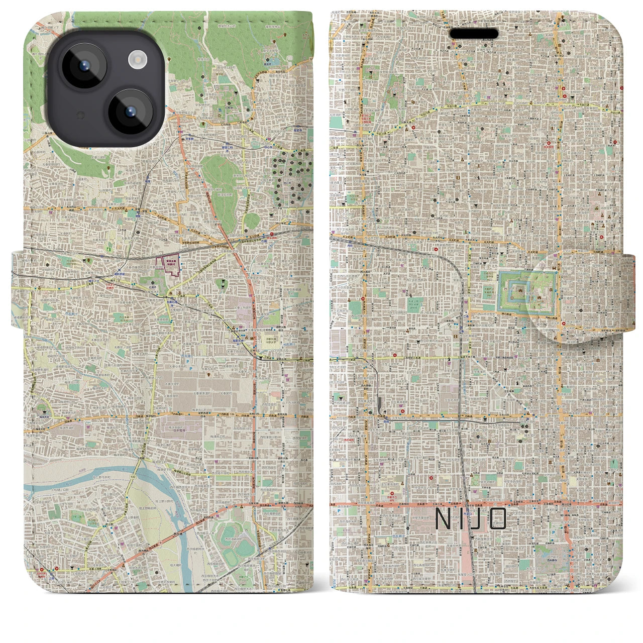 【二条(京都府)】地図柄iPhoneケース(手帳タイプ)ナチュラル・iPhone 14 Plus 用