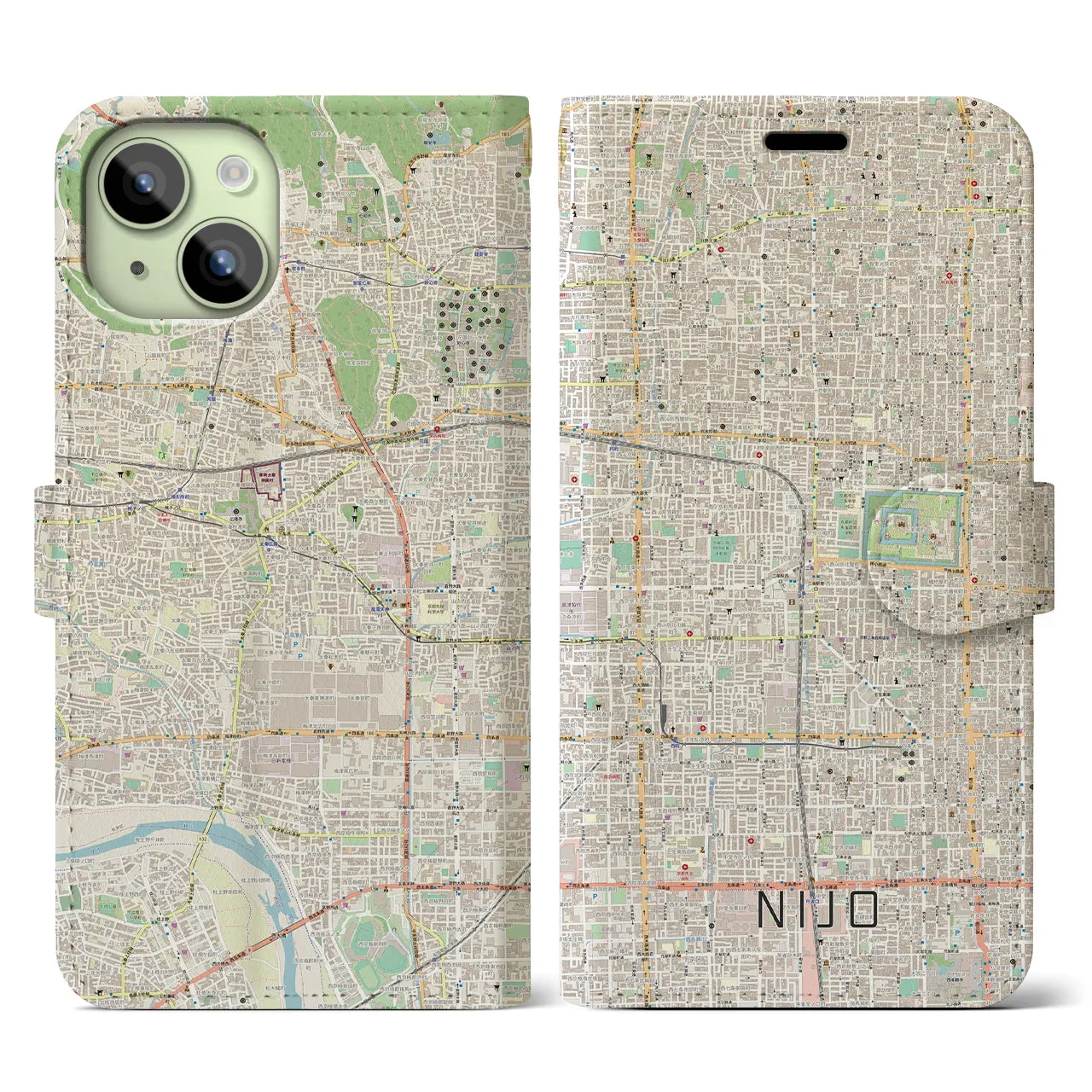 【二条(京都府)】地図柄iPhoneケース(手帳タイプ)ナチュラル・iPhone 15 用