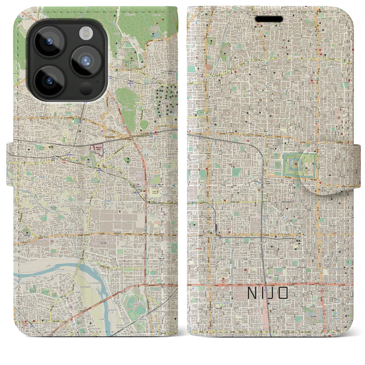 【二条(京都府)】地図柄iPhoneケース(手帳タイプ)ナチュラル・iPhone 15 Pro Max 用
