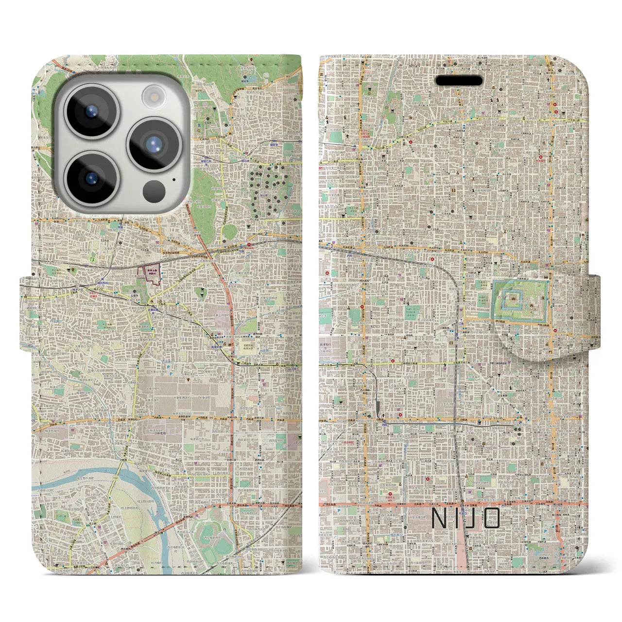 【二条(京都府)】地図柄iPhoneケース(手帳タイプ)ナチュラル・iPhone 15 Pro 用