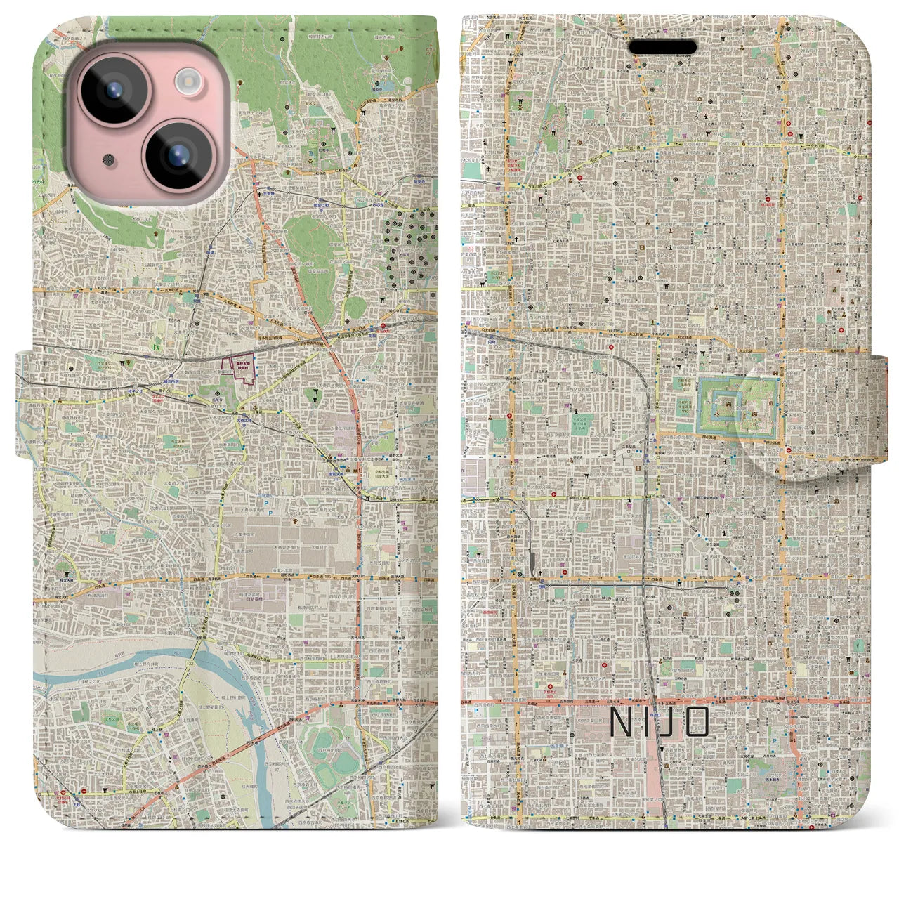 【二条(京都府)】地図柄iPhoneケース(手帳タイプ)ナチュラル・iPhone 15 Plus 用