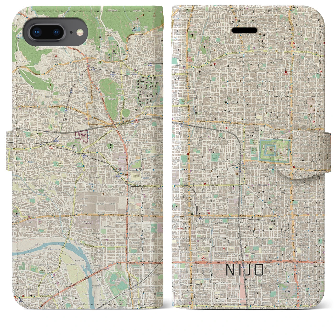 【二条(京都府)】地図柄iPhoneケース(手帳タイプ)ナチュラル・iPhone 8Plus /7Plus / 6sPlus / 6Plus 用
