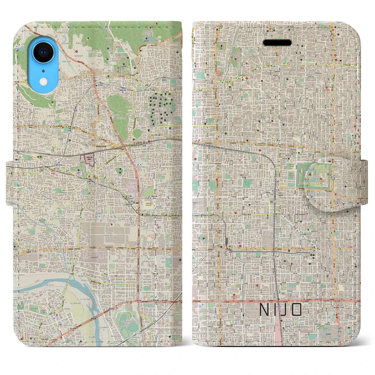 【二条(京都府)】地図柄iPhoneケース(手帳タイプ)ナチュラル・iPhone XR 用