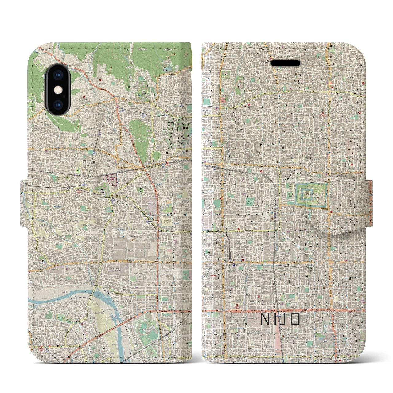 【二条(京都府)】地図柄iPhoneケース(手帳タイプ)ナチュラル・iPhone XS / X 用