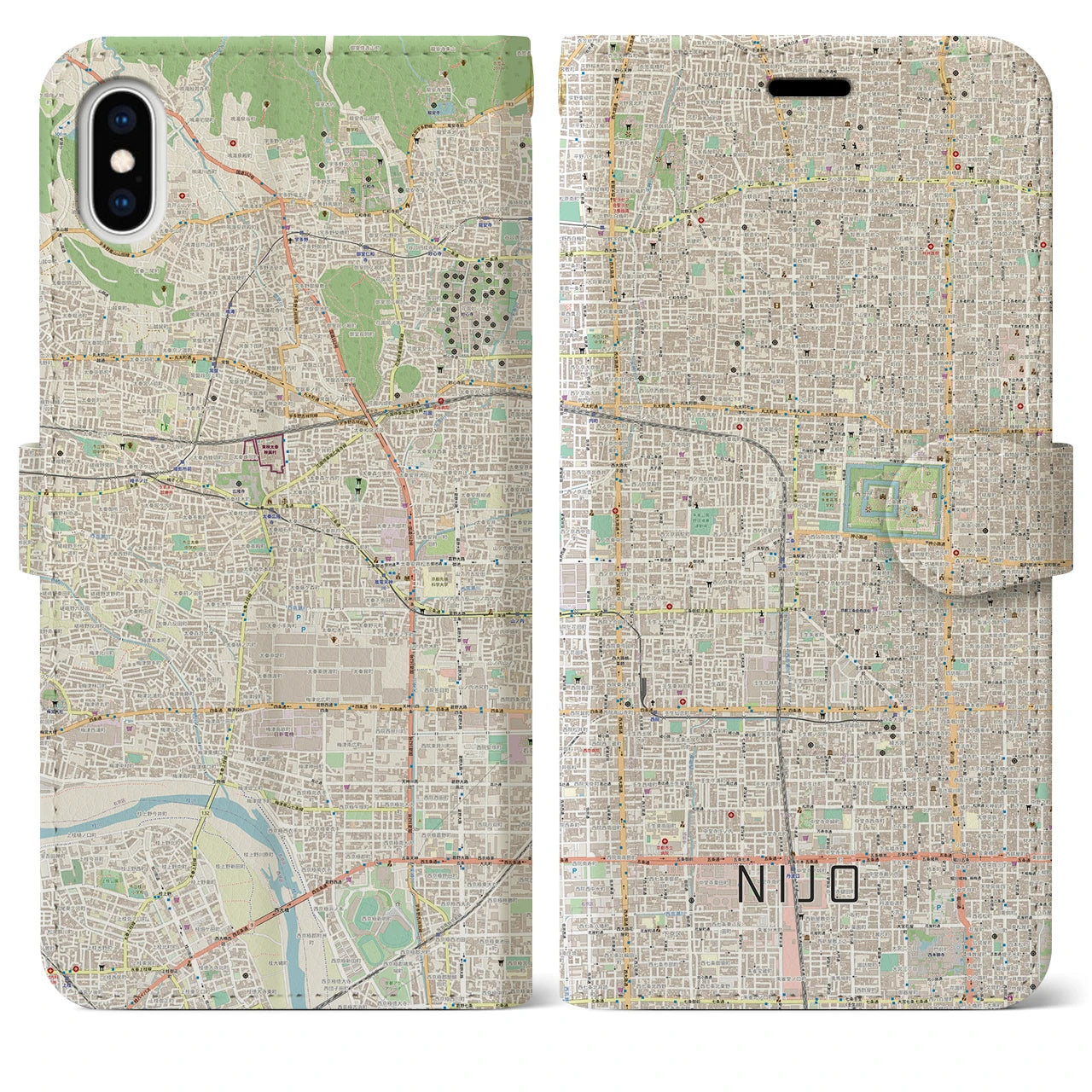 【二条(京都府)】地図柄iPhoneケース(手帳タイプ)ナチュラル・iPhone XS Max 用