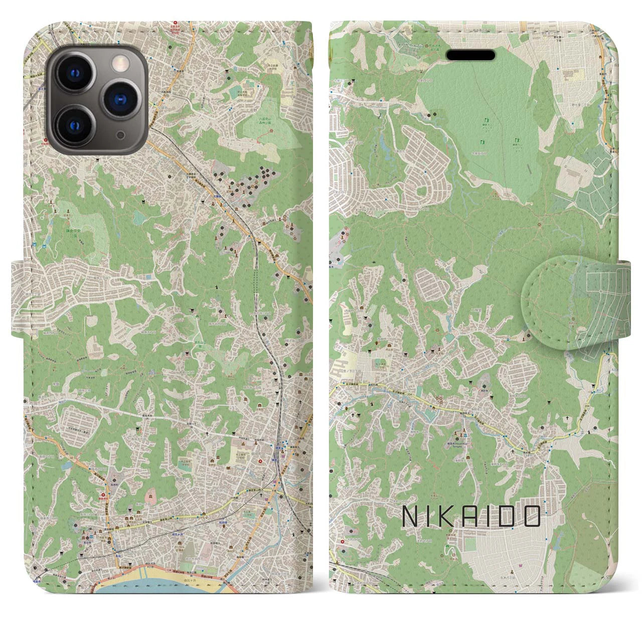 【二階堂(神奈川県)】地図柄iPhoneケース(手帳タイプ)ナチュラル・iPhone 11 Pro Max 用