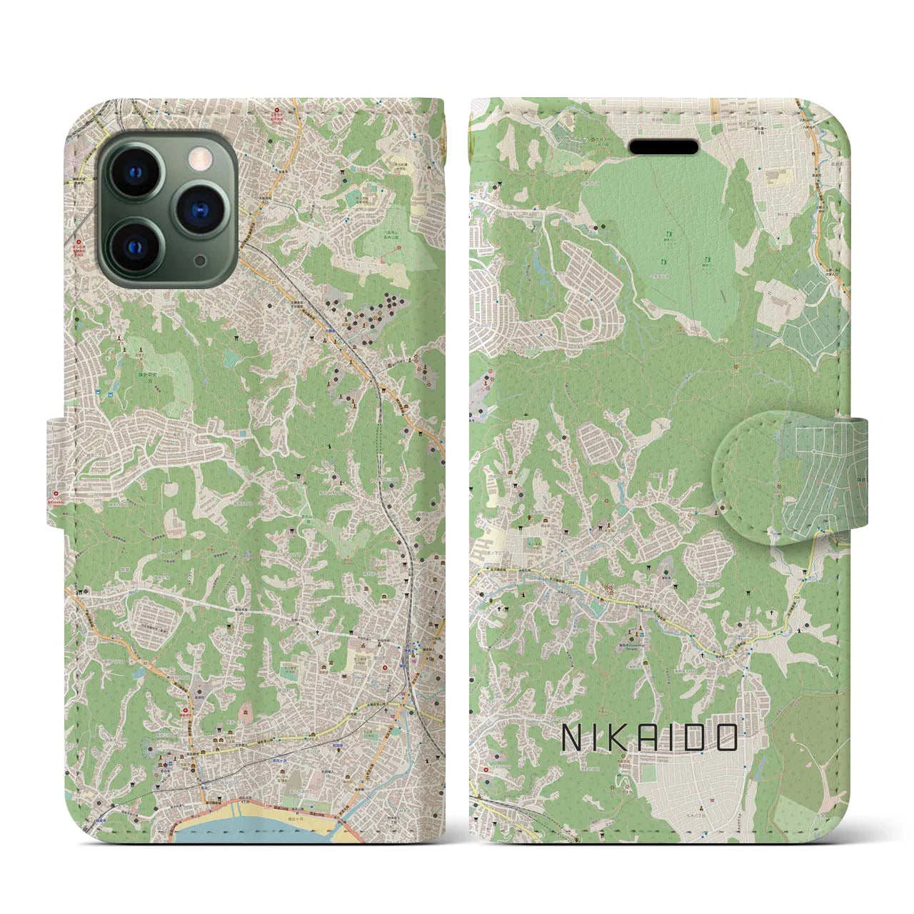 【二階堂(神奈川県)】地図柄iPhoneケース(手帳タイプ)ナチュラル・iPhone 11 Pro 用