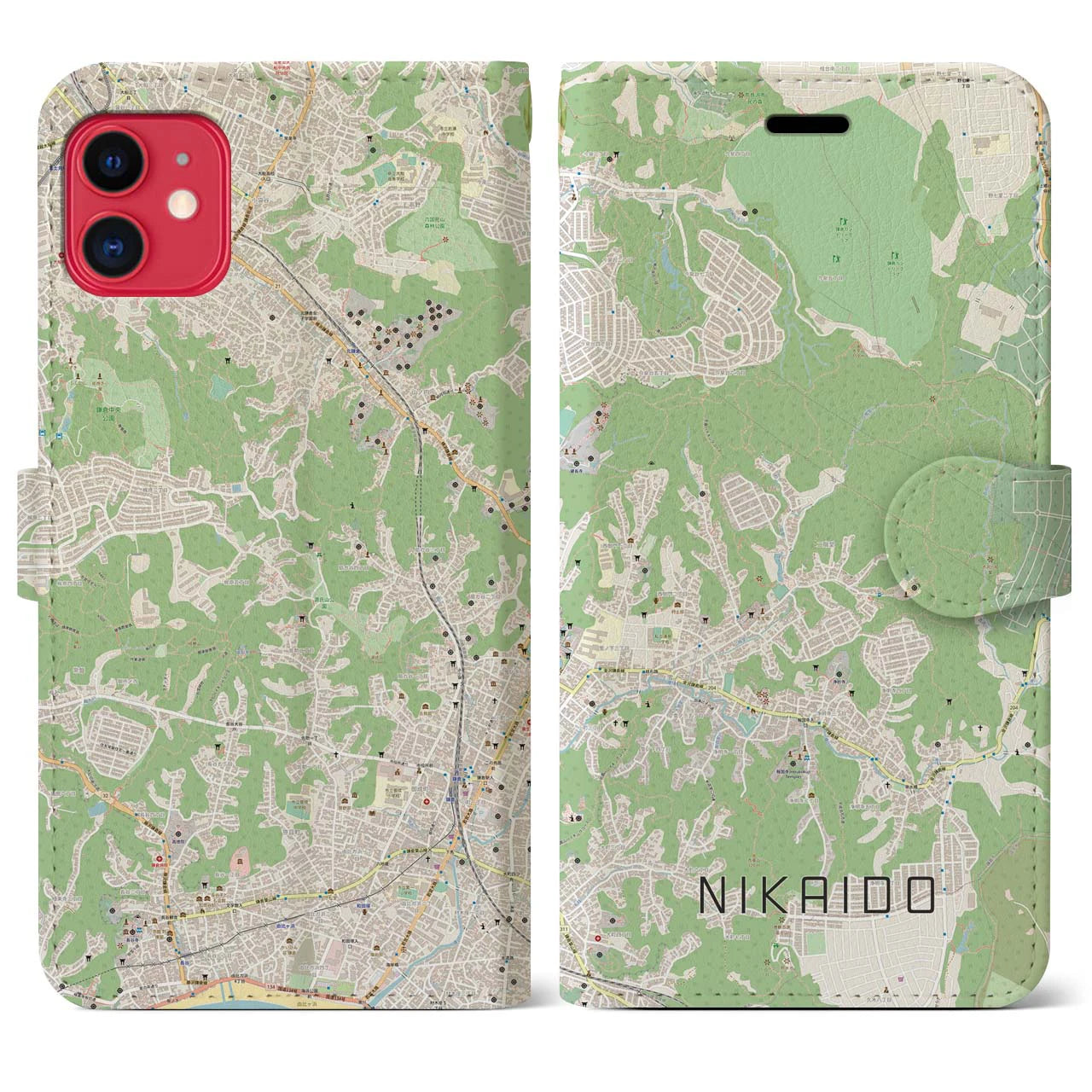 【二階堂(神奈川県)】地図柄iPhoneケース(手帳タイプ)ナチュラル・iPhone 11 用