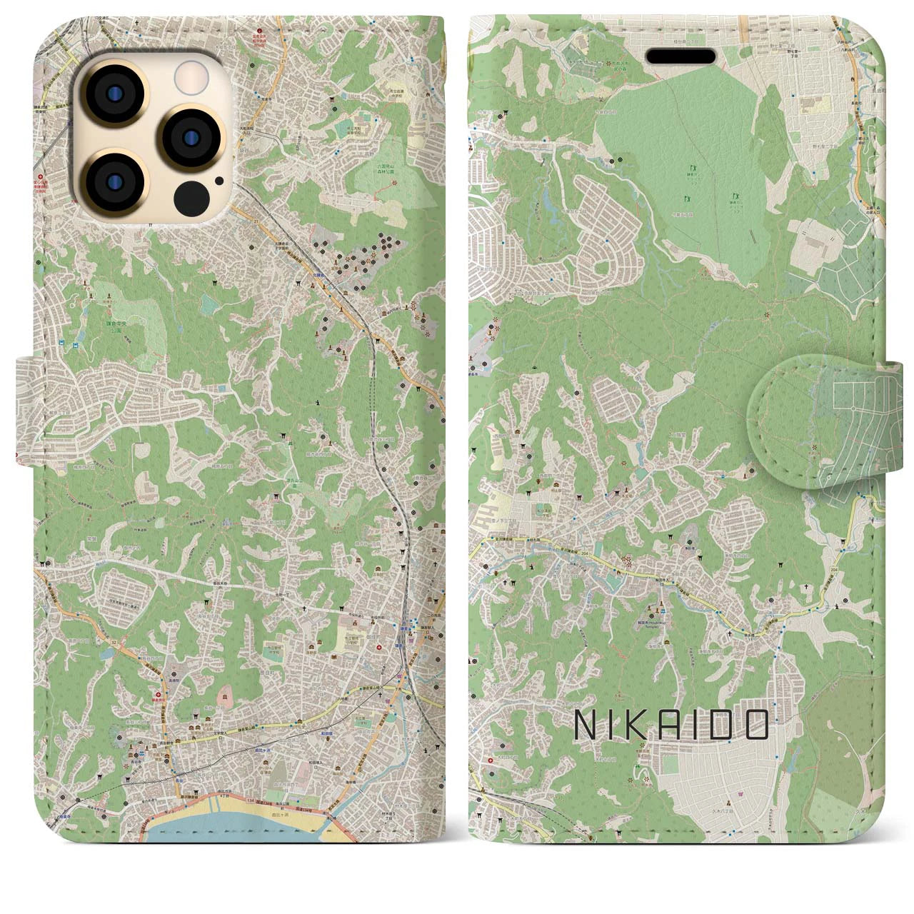 【二階堂(神奈川県)】地図柄iPhoneケース(手帳タイプ)ナチュラル・iPhone 12 Pro Max 用