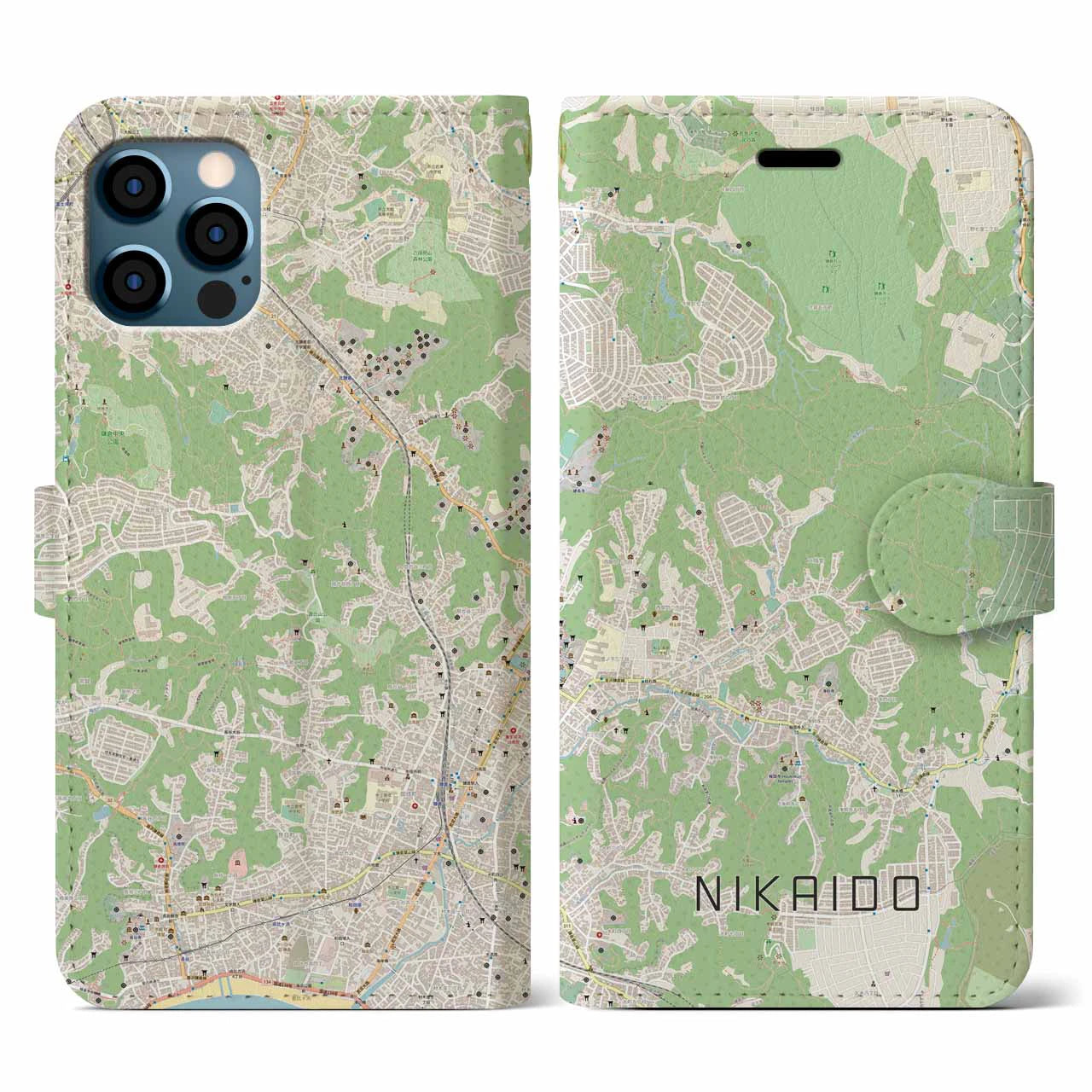 【二階堂(神奈川県)】地図柄iPhoneケース(手帳タイプ)ナチュラル・iPhone 12 / 12 Pro 用