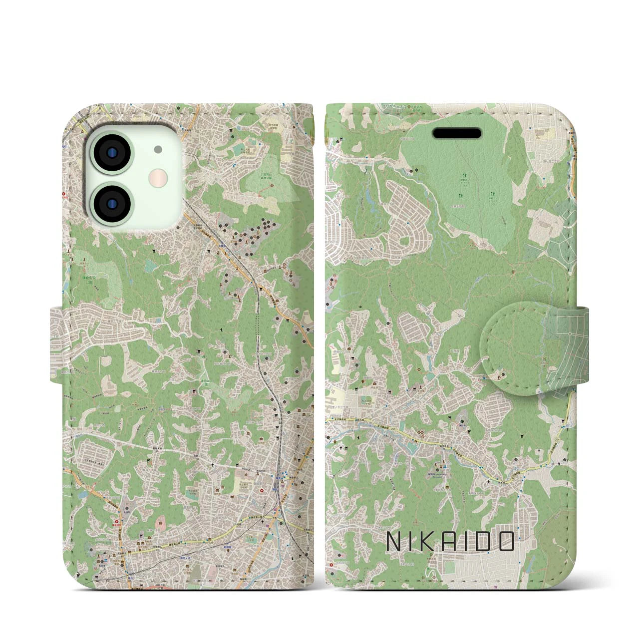 【二階堂(神奈川県)】地図柄iPhoneケース(手帳タイプ)ナチュラル・iPhone 12 mini 用