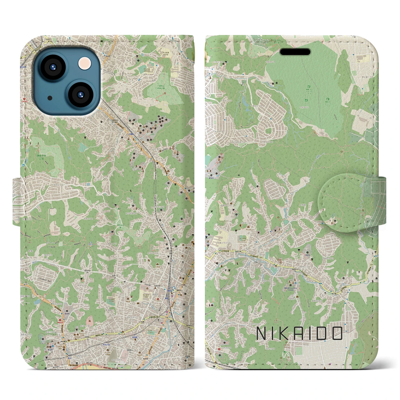 【二階堂(神奈川県)】地図柄iPhoneケース(手帳タイプ)ナチュラル・iPhone 13 用